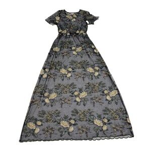 Lularoe Deanne 2 Sheer Overlay Maxi Dress Blue Embroidered Flowers Size Small